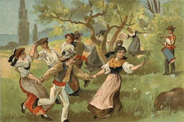 Altes Brauchtum in der Provence: Die Farandole bei Seidenraupen-Erntefesten. Chromolithographie aus dem späten 19. Jahrhundert