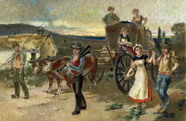 Alte Tradition in der Region Burgund: Erntefest. Der letzte Jahrgang. Chromolithographie des späten 19. Jahrhunderts