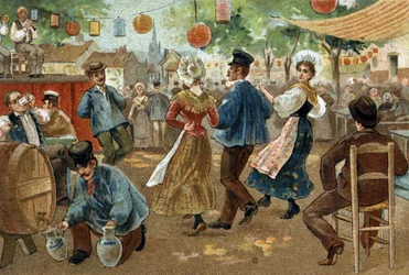 Altes Brauchtum in Flandern: Flämischer Jahrmarkt. Chromolithographie aus dem späten 19. Jahrhundert