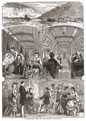 Leben im Schlafwagen auf der Pazifik-Eisenbahn, Gravur aus dem 19. Jahrhundert