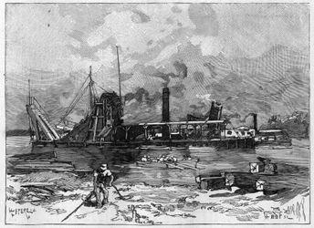 Arbeiten am Panamakanal. Hauptmaschinen: ein Bagger und sein Ventil. Gravur in "Le Monde Illustré"