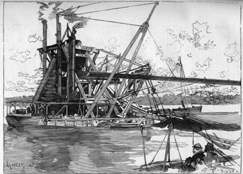 Arbeiten am Panamakanal. Hauptmaschinen: der große amerikanische Bagger. Gravur in "Le Monde Illustré"