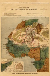 Panorama von Französisch-Afrika, Karte der französischen Expeditionen in Afrika. Gravur in „Le petit journal“ 5.03.1894. Sammlung Selva.