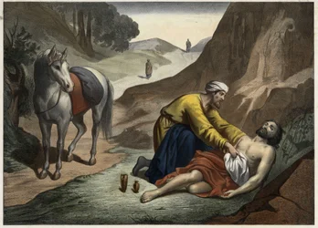 Gleichnis vom barmherzigen Samariter: Der Samariter hielt auf seinem Weg an, um dem sterbenden Mann zu helfen. Anonyme Gravur aus der Mitte des 19. Jahrhunderts.