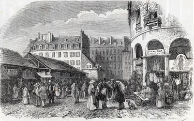 Paris, 3. Arrondissement - Die Rotunde des Carreau du Temple in Paris im 19. Jahrhundert - Gravur in „Tableau-de-Paris“ von Edmond Texier