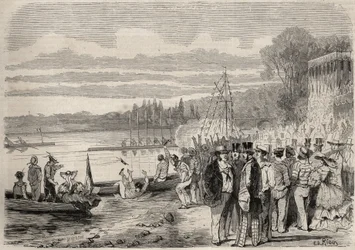 Pariser Kanuten. Regatten von Saint-Cloud im Jahr 1857. Gravur in „Le Monde illustre“ von 1857. Private Sammlung