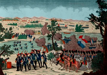 Übergang über den Mincio am 11. Prairial Jahr IV (20. Dezember 1800) durch die französischen Grenadiere. Unter den Augen von General en Chef Bonaparte - Gravur - 1800 - Die Schlacht von Pozzolo (auch bekannt als die Schlacht am Mincio-Fluss und Monzambano)