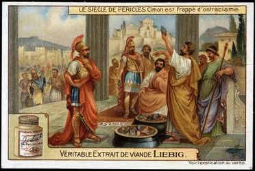 Perikles-Zeit (495-429 v. Chr.): Staatsmann und Stratege Kimon (510-449 v. Chr.) wird 461 v. Chr. mit dem Ostrakismos bestraft - Liebig Chromolithographie