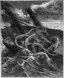 Gefährliche Abenteuer von Narcissus Nicaise im Kongo - von Armand Dubarry (1836-1910) - er hatte vor sich ein gewaltiges Meeresmonster (Riesenkrake) - Gravur im Journal des voyage von 1881