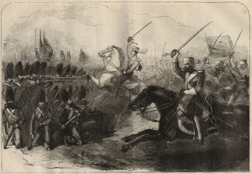 Persisch-Anglo-Krieg (1856-1857): Der Angriff der 3. britischen Indo-Kavallerie unter dem Kommando von Kapitän Forbes während der Schlacht von Koosh-Ab am 8. Februar.