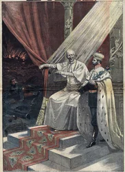 Papst Leo XIII. (1810-1903) zeigt dem russischen Zaren Nikolaus II. (1868-1918) die Schrecken des Krieges. Letzterer schlägt daraufhin die Abrüstung vor. Illustration in „Le Pelerin“ vom 11. September