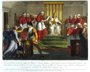 Papst Pius VII. (1742 - 1823) exkommunizierte Napoleon Bonaparte am 10. Juni 1809. Gravur des 19. Jahrhunderts.