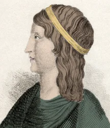 Porträt von Apulee (Lucius Apuleius) (um 125-um 180), lateinischer Philosoph und Schriftsteller, berberischer Herkunft (Algerien), Autor von „Les Metamorphoses“ (Goldener Esel oder Asinus aureus). Gravur des 19. Jahrhunderts.