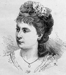 Porträt von Blanche Baretta (geb. 1855), französische Komödiantin, Mitglied der Comédie-Française von 1875 bis 1901. Gravur in „Le Monde Illustré“ Nr. 1168 vom 16. August 1879
