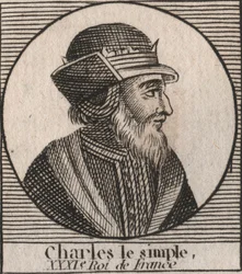 Porträt von Karl III., genannt der Einfältige (879-929), König der Franken - KARL III. (879-929) - Karl der Einfältige - König von Frankreich, 893-923 - Gravur aus „Unterricht über die Geschichte Frankreichs“ von Charles Constant Le Tellier 1821