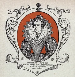 Porträt von Elisabeth I. oder Elizabeth Tudor (1533-1603), Königin von England und Irland. Gravur von 1914. Private Sammlung.