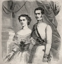 Porträt von Kaiser Franz Joseph I. von Österreich (1830-1916) und seiner Frau Elisabeth von Wittelsbach (1837-1898) (Sissi). Gravur in „Le Monde illustre“ von 1857. Private Sammlung