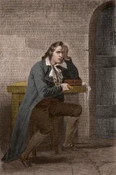 Porträt von Francois Babeuf dit Gracchus (1760-1797), französischer Revolutionär, der sich selbst ersticht - Anonyme Gravur