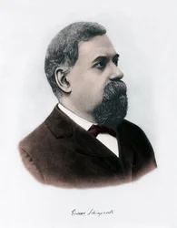 Porträt von Giovanni Virginio Schiaparelli (1835-1910) Astrophysiker. Er beobachtete geradlinige Konfigurationen auf dem Planeten Mars, die er die Marskanäle (canali) nannte. Gravur um 1900