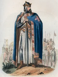 Porträt von Godefroy de Bouillon (1061-1100) im Kreuzritteranzug. Gravur von 1868 in „Histoire de Belgique von den frühesten Zeiten bis zum Ende der Herrschaft von Leopold I.“ von Théodore Juste (1818-1888). Private Sammlung.