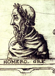 Porträt von Homer (9. Jahrhundert v. Chr.). Gravur von 1560 aus dem Atlas von Urbano Monte