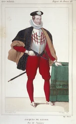 Porträt von Jacques de Savoie Nemours (1531-1585), Graf von Genf und Herzog von Nemours von 1533 bis 1585. Gravur von 1830.