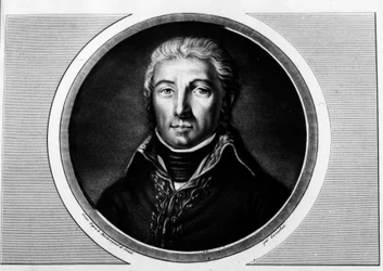 Porträt von Jean Victor (Jean-Victor) Moreau (1763-1813), General der Armee des Rheins. Gravur in Vollständige Sammlung historischer Gemälde der Französischen Revolution, in drei Bänden. 1804.