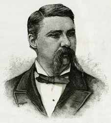 Porträt von Jerome J. Collins, Meteorologe der La Jeannette-Besatzung, für die Mission in den Norden. Gravur zur Illustration „Die Reise der Jeannette“ 1879-1881, Tagebuch von Kapitän G.W. De Long. Veröffentlicht in Le Tour du monde, nouveau journal des vo