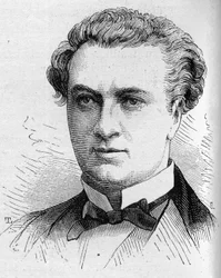 Porträt von Jules Laroche, französischer Schauspieler, Mitglied der Comédie-Française von 1870 bis 1893. Gravur in „Le Monde Illustré“ Nr. 1168 vom 16. August 1879