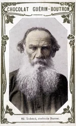 Porträt von Lev Nikolajewitsch, Graf Tolstoi (Leo Tolstoi), russischer Schriftsteller (1828-1910). Vignette der Schokoladen Guérin - Boutron