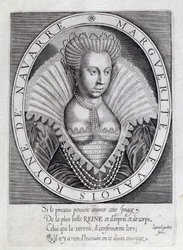 Porträt von Margarete von Valois (1553 - 1615), bekannt als Königin Margot. Kupferstich aus dem 16. Jahrhundert. Pau, Musee Du Chateau