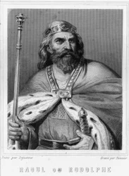 Porträt von Raoul oder Rudolf von Burgund (? - 936), Herzog von Burgund und König von Frankreich - in „Histoire des Français“ von Lavallée, Gravur, undatiert.