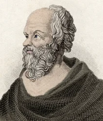 Porträt des Sokrates (470-399 v. Chr.), griechischer Philosoph. Stich aus dem 19. Jahrhundert.