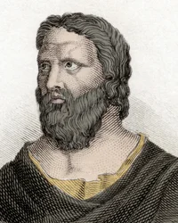 Porträt des griechischen Philosophen Heraklit von Ephesos (576-480 v. Chr.) (Heraklit von Ephesos). Kupferstich aus dem 19. Jahrhundert.