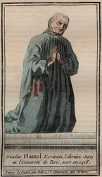 Porträt des französischen Alchemisten Nicolas Flamel (1330-1418) - Gravur - Porträt des englischen Alchemisten Nicolas Flamel - Gravur Privatsammlung