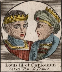 Porträts von Ludwig III. (863/65-882), König der Franken zwischen 879 und 882, und Karlmann II. (866-884), König der Franken von 879 bis 884 - Gravur aus „Anleitung zur Geschichte Frankreichs“ von Charles Constant Le Tellier 1821