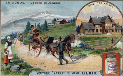 Post und Postbote in Jemtland, Schweden. Chromolithographie, Liebig-Bild.