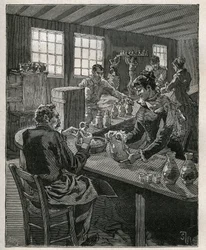 Töpferei: Töpferei füllen. Gravur von 1885 in „Les arts et métiers illustrés“ von Adolphe Bitard.