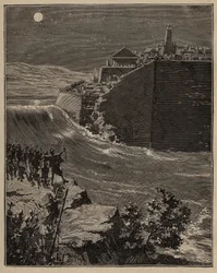 Töpferei: Rohziegel im antiken Griechenland. Die Armee von Pausanias (5. Jahrhundert v. Chr.) lenkt den Lauf eines Flusses um, um die Mauern aus Rohziegeln zu zerstören, die die Stadt Mantineia schützen. Gravur von 1885 in „Les arts et métiers illustrés“ v