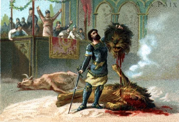 Pépin der Kurze (715-768), König der Franken, kämpft gegen einen Löwen und einen Stier während der Feste zu seiner Krönung im Jahr 751.