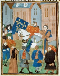 Proklamation des Friedens in Reims am 2. Oktober 1435 nach der Unterzeichnung des Vertrags von Arras zwischen König Karl VII. und dem Herzog von Burgund Philipp III. dem Guten, der den Bürgerkrieg zwischen den Armagnacs und den Burgundern beendete. Miniatu