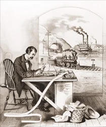 Fortschritt des Jahrhunderts (19. Jahrhundert): Morse-Telegraphie, Dampfschiff, Zug usw. Gravur des 19. Jahrhunderts