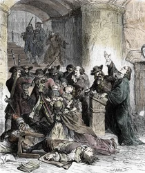 Verbot von Predigten und Verhaftung von Protestanten nach der Aufhebung des Edikts von Nantes (Dragonnaden unter Ludwig XIV. (1681-1686): Katholische Soldaten (Drachen) massakrieren die Protestanten. 19. Jahrhundert (Gravur)