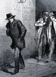 Atmosphäre der Psychose bei Nacht in den Straßen Londons (aufgrund der Morde Jack the Rippers) - spätes 19. Jahrhundert, um 1888.