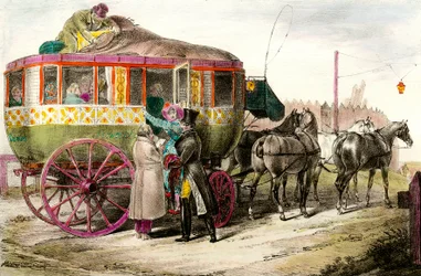 Öffentliche Verkehrsmittel: Passagiere betreten die Parisienne Diligence. Gravur des 19. Jahrhunderts Private Sammlung