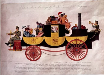 Öffentlicher Verkehr: Darstellung eines Dampfschiffs mit Passagieren und Gepäck. Entworfen von Ingenieur W.H. James. Lithographie von 1828. Dekorative Künste, Paris