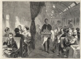Pullman-Speisewagen der Pacific Railways im Jahr 1869 - Innenansicht eines Hotelwagens der Pacific Railway