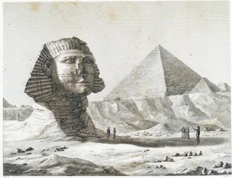 Pyramiden von Gizeh: Blick auf die Sphinx und die Große Pyramide, von Südosten aufgenommen - in „Beschreibung von Ägypten“, Kaiserliche Ausgaben