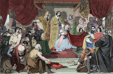 Königin Philippa bittet Edward III. um das Leben der Bürger von Calais - Die Königin von England Philippa von Hennegau (1314-1369) setzt sich für die Bürger von Calais vor ihrem Ehemann König Edward III. ein