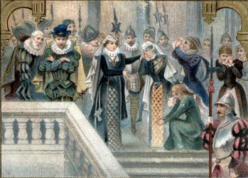 Königin von Schottland Marie Stuart (1542-1587) verabschiedet sich von den Hofdamen. Späte Chromolithografie des 19. Jahrhunderts.